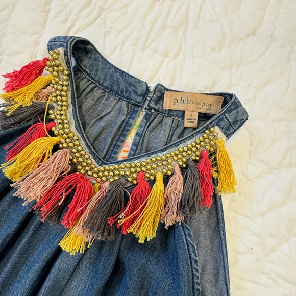 Denim Dress size 2 by Philosophy with multi color tassel neck - Picture 2 of 2